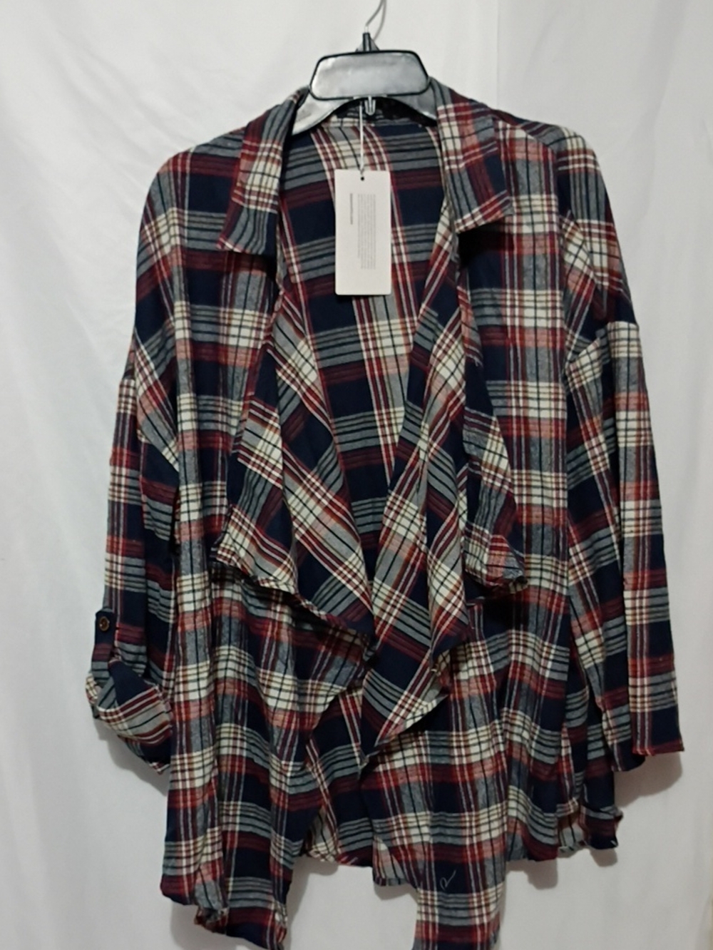 BloomChic Plaid Ruffle Open-Front Tunic - Navy, Red, Cream